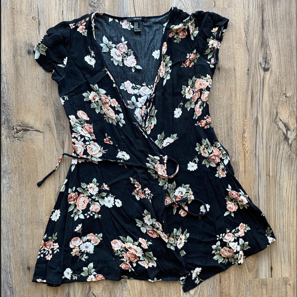 Black Rose Floral Mini Wrap Dress